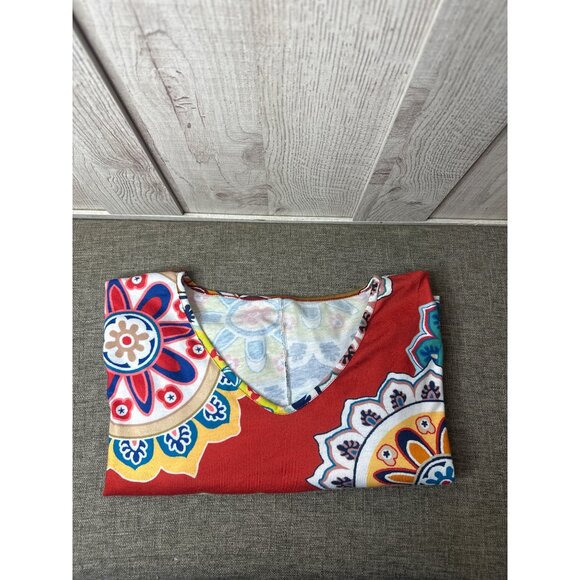 Womens Plus Size 2X V-Neck Tunic Top Multicolor Red Mandala Floral Print - Picture 3 of 6